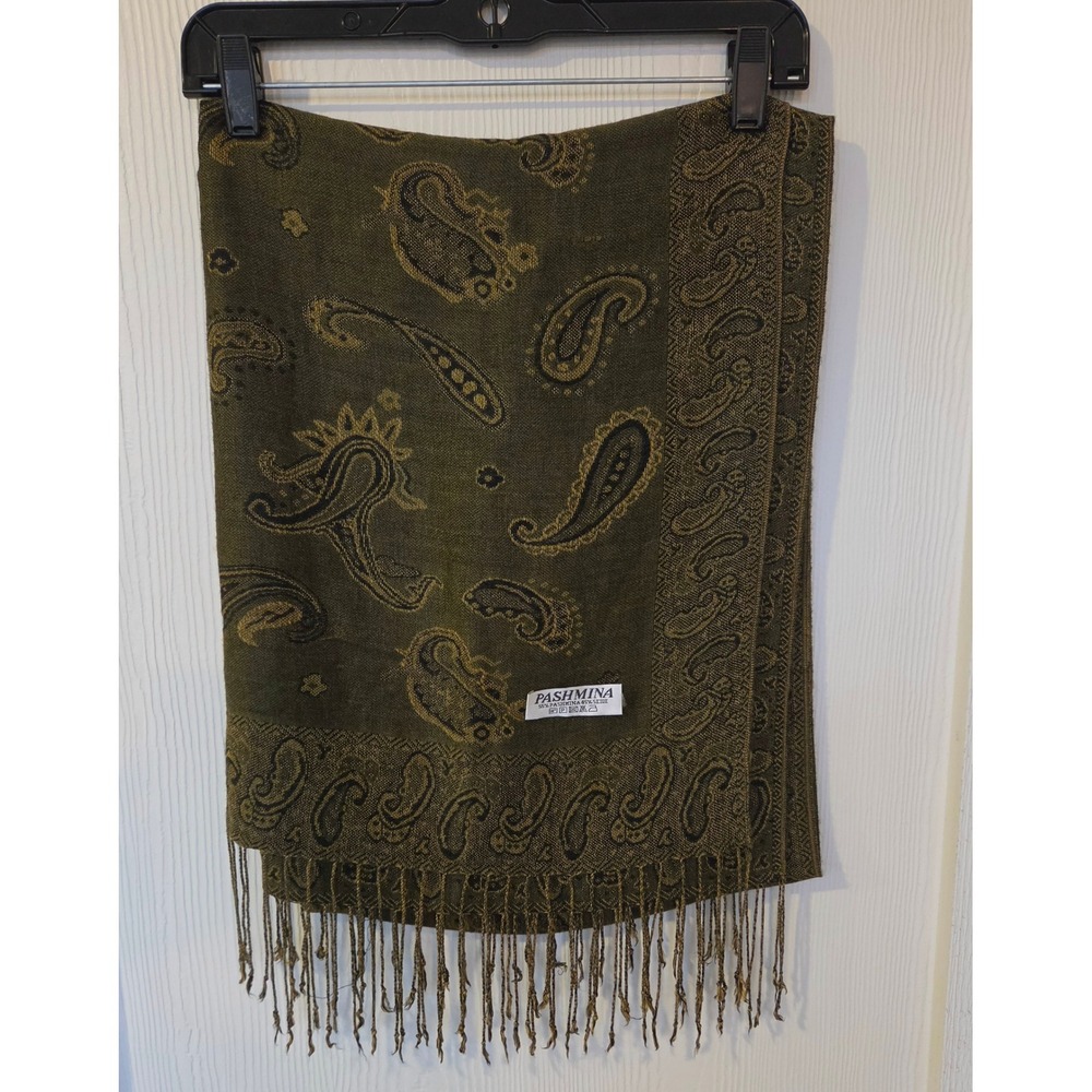 Pashmina Cashmere Silk Paisley Scarf Shawl Olive Green Gold Luxury Old Money